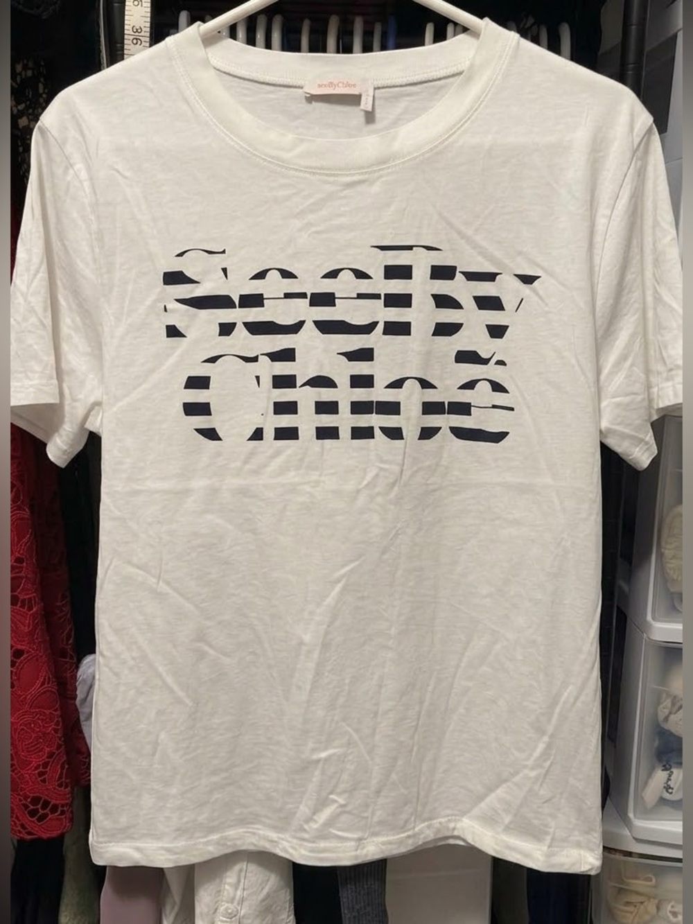 See By Chloe White Tee with Navy Striped Logo